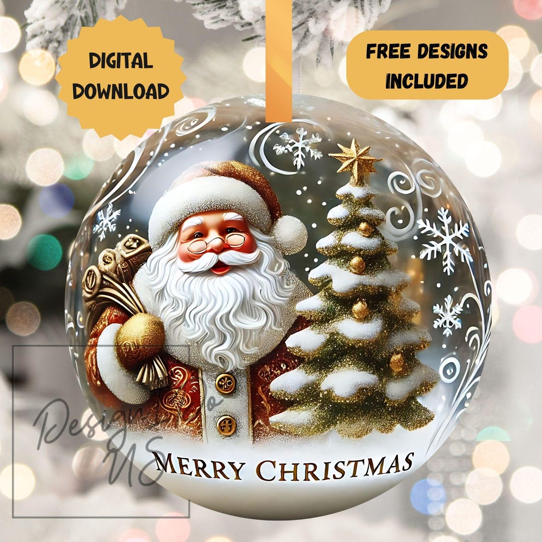3D Santa Christmas Bauble Ornament Sublimation PNG, Gold Festive ...