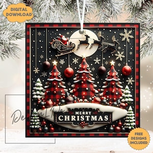May include: Square Christmas ornament with a black background and a red and black plaid border. The ornament features a Christmas scene with Santa in a sleigh, reindeer, Christmas trees, and the words "MERRY CHRISTMAS".