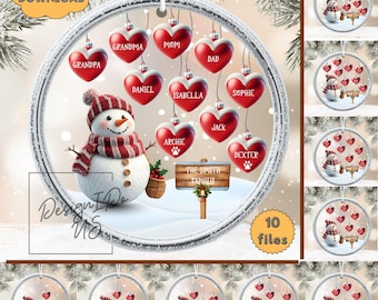 Personalized Family Snowman Christmas Ornament PNG Bundle, Custom Family Hearts Sublimation for Wreath, Door Sign, 3D Round Keepsake, POD