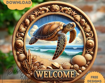 3D-welkomstbord oceaanschildpad rond sublimatie PNG, instant digitale download, teken zomerkrans, deurhanger, decor aquarel clipart, dtf
