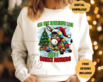 Clipart di Natale con asino PNG, nella lista dei cattivi e non mi pento di nulla, disegno per sublimazione di magliette ad acquerello, download digitale, adesivo per borsa tote
