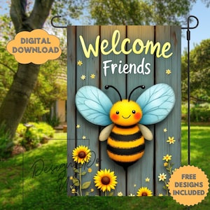 May include: A welcome sign with a cartoon bee and sunflowers. The sign says "Welcome Friends" on a blue wooden background.