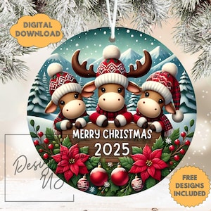 Christmas 2025 Ornament Sublimation PNG, Instant Digital Download, Winter Welcome Wreath Sign, Round Holiday Door Decor, Moose Wind Spinner