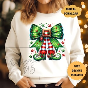May include: White sweatshirt with a green and red Christmas elf bow with red and white striped legs and green elf shoes. The bow has white polka dots and red stars.