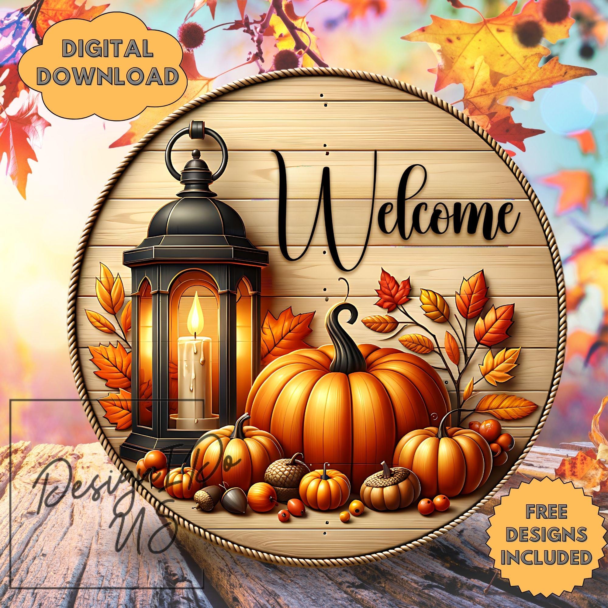 3D Fall Welcome PNG, Pumpkin Sublimation Png, Autumn Wreath Sign
