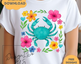 Boho Floral Sea Crab PNG, Summer Png, Brushstroke Crab Png, Beach Png, Crab Png, Nautical Sublimation Designs, Fisherman Aesthetic Png