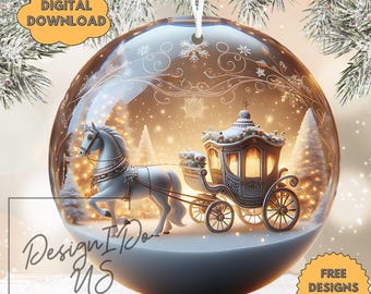 Horse Carriage Bauble, Christmas Ornament Sublimation PNG, Digital Winter Glass Globe, Welcome Wreath Sign, Holiday Door Decor, Wall Art