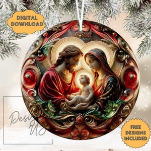May include: A round Christmas ornament with a gold, red, and green design. The ornament features a depiction of the Holy Family, with Mary, Joseph, and baby Jesus. The image is surrounded by ornate gold and red details.