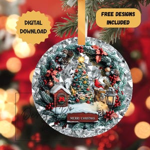 3D Cardinal Christmas Ornament Sublimation PNG, sofortiger digitaler Download, Diamantrundes Kranzschild, Urlaub Dekor UV dtf Transferdesign