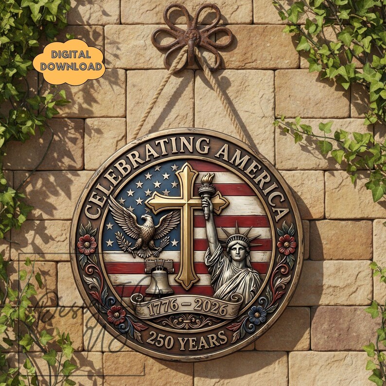 May include: A round wooden sign with the text "Celebrating America" and the years "1776-2026". The sign features a cross, an eagle, the Liberty Bell, and the Statue of Liberty, with a background of the American flag. It hangs from a rope.