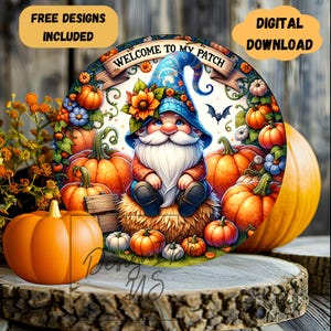 Gnom Willkommen zu meinem Aufnäher Runde Sublimation PNG, sofortiger digitaler Download, Herbstkranz Zeichen, Ernte Türschild, Kürbis Wohnkultur png