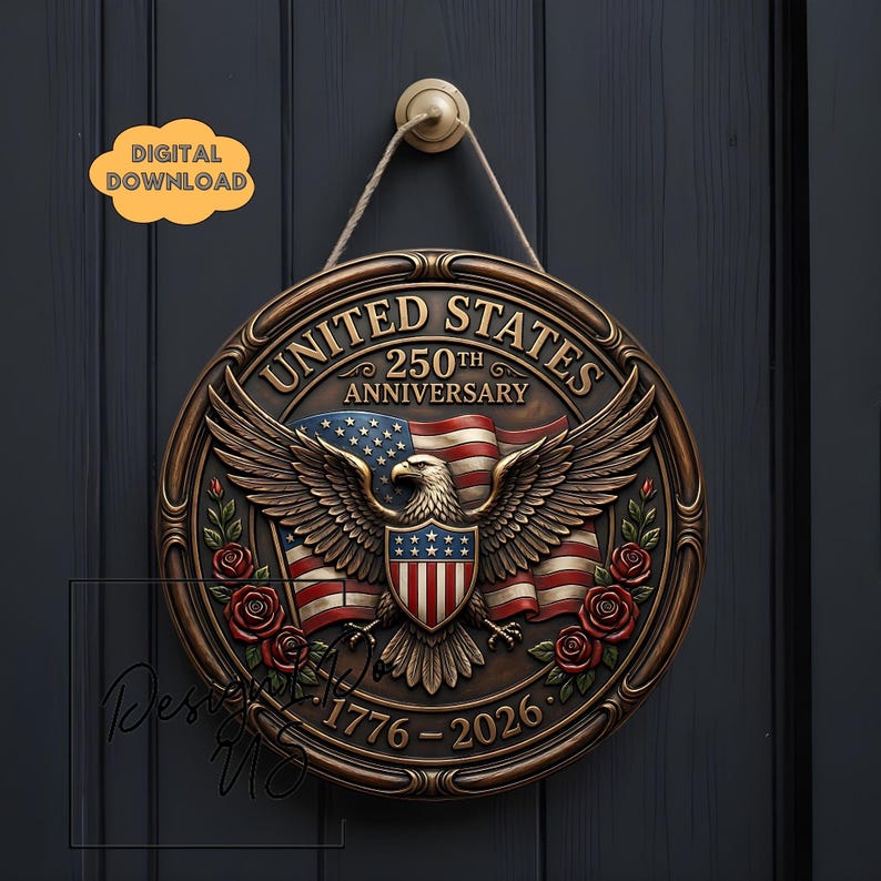 May include: A circular, bronze-toned sign celebrating the 250th anniversary of the United States. It displays an eagle, the American flag, and the words "UNITED STATES 250TH ANNIVERSARY 1776-2026". Red roses flank the eagle. The sign is suspended by a rope.