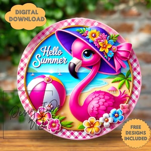 May include: A pink flamingo wearing a purple and pink hat with flowers and a pink bow, holding a pink and white beach ball. The background is a blue beach scene with the text "Hello Summer" in white letters. The image is surrounded by a pink and white gingham pattern.