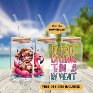 May include: Three clear glass tumblers with bamboo lids and straws. The tumblers have different designs. One has a cartoon cow wearing sunglasses and riding a pink flamingo float. Another has a pink flamingo float. The third has the text "FLOAT DRINK TAN & REPEAT".