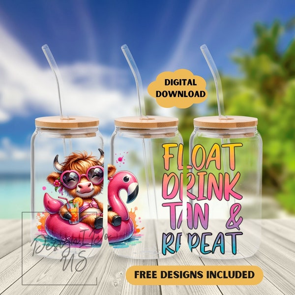 Highland Cow Beach 16oz Glass Can Wrap - Digital Download Sublimation Design - 16oz Template Float Drink Tan Repeat glass jar tumbler PNG