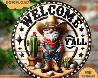 3D Gnome Png Cowboy Welcome Sign | Western Wreath Door Hanger | Instant Digital Download PNG & Watercolor Clipart Decor, Wind Spinner Design