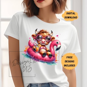 Highland Cow Beach Clipart Pool Shirt Sublimation Design Digital Download PNG, Instant Download, Funny Summer Cow Tshirt PNG, Glass Cup PNG