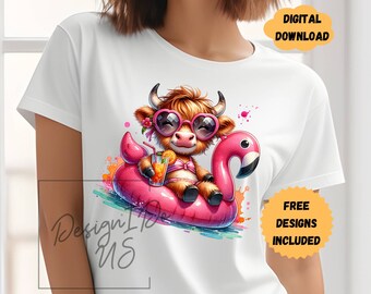 Camiseta de vaca de las Tierras Altas para la playa, sublimación, descarga digital PNG, descarga instantánea, divertida camiseta de vaca de verano PNG, vaso de vidrio PNG