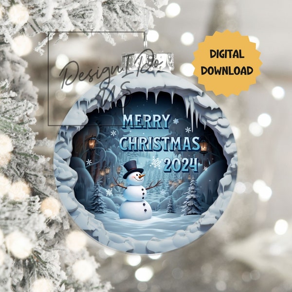 3D Snowman Christmas Ornament Sublimation PNG, 300 dpi, Instant Digital Download, Christmas Round Ornament PNG 3D Christmas Ornament