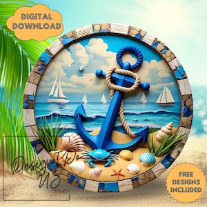 May include: A round nautical-themed wall art piece featuring a blue anchor with rope, seashells, and a crab on a sandy beach scene. The artwork includes sailboats, seagulls, and the text "DIGITAL DOWNLOAD" and "FREE DESIGNS INCLUDED".