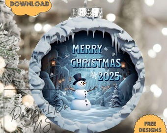 3D Snowman Christmas Ornament Sublimation PNG, 300 dpi, Instant Digital Download, Christmas Round Ornament PNG 3D Christmas Ornament