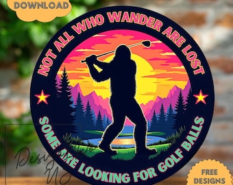 Sasquatch Golf Welcome Sign Round Sublimation PNG, Instant Digital Download, Bigfoot Wreath Sign, Door Hanger, Watercolor Clipart Decor, dtf