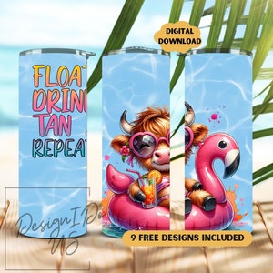 May include: A sublimation design for a tumbler featuring a cartoon Highland cow wearing sunglasses and a pink flower, floating on a pink flamingo pool float. The text "Float, Drink, Tan, Repeat" is on the left side of the design.