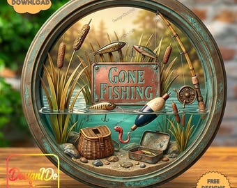 Gone Fishing Welcome Sign PNG, Round Sublimation (Digital Download), Farmhouse Decor, Wreath, Wind Spinner