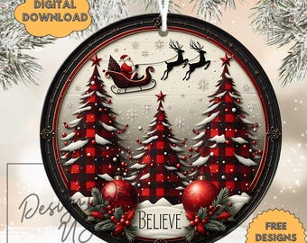 3D Santa Merry Christmas Ornament Sublimation PNG, Winter Holiday Instant Digital Download, Plaid Wreath Sign, Door Hanger, Home Decor, dtf