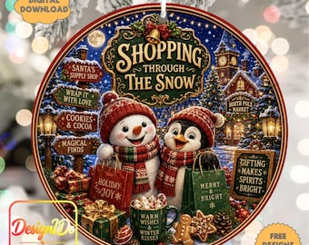 Christmas Snowman Round Ornament PNG Digital Download Penguin Holiday Wreath Door Sign Printable Coaster
