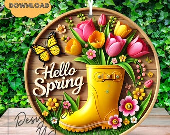 3D Hello Spring Png, Yellow Floral Welcome Sign, Round Sublimation
