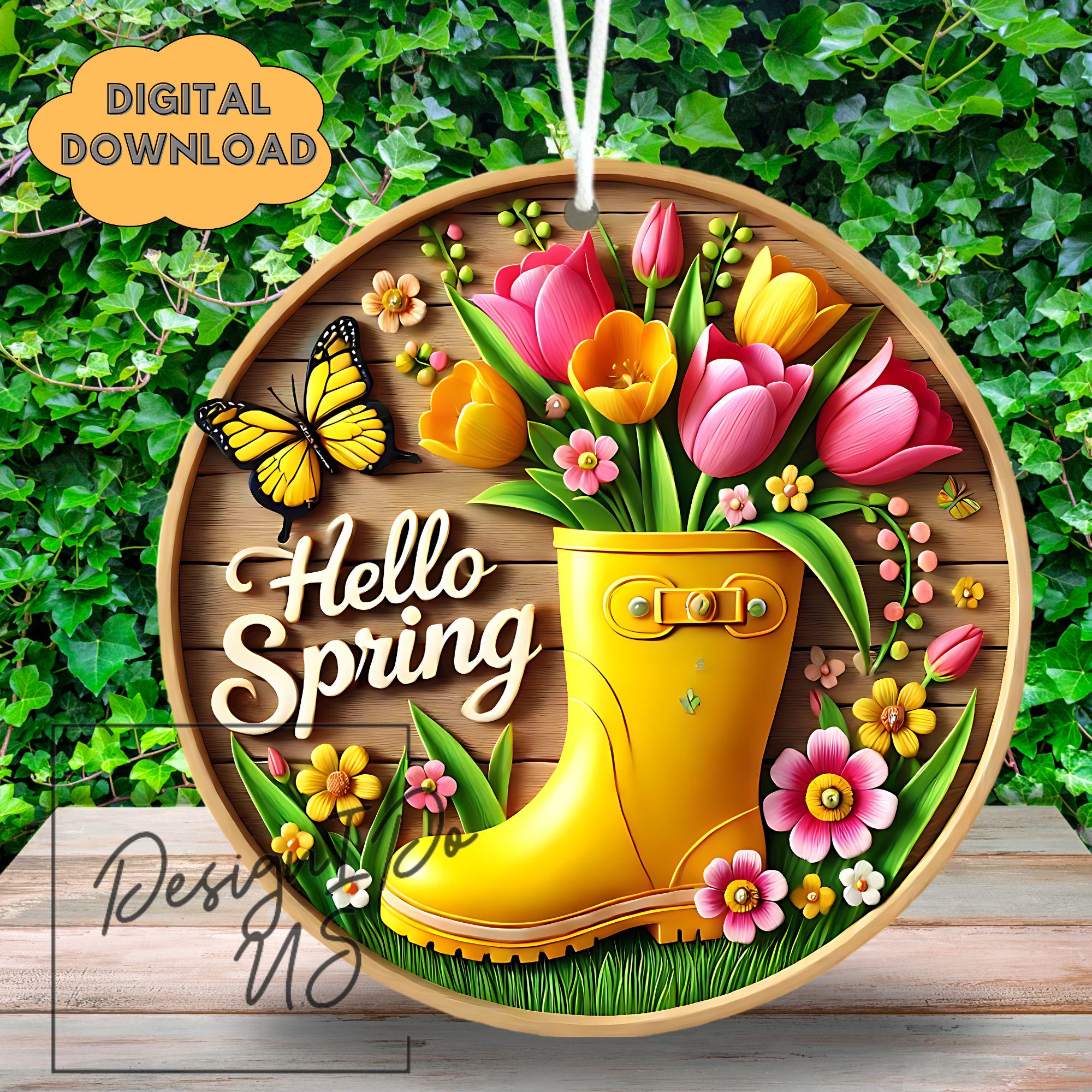 3D Hello Spring Png, Yellow Floral Welcome Sign, Round Sublimation
