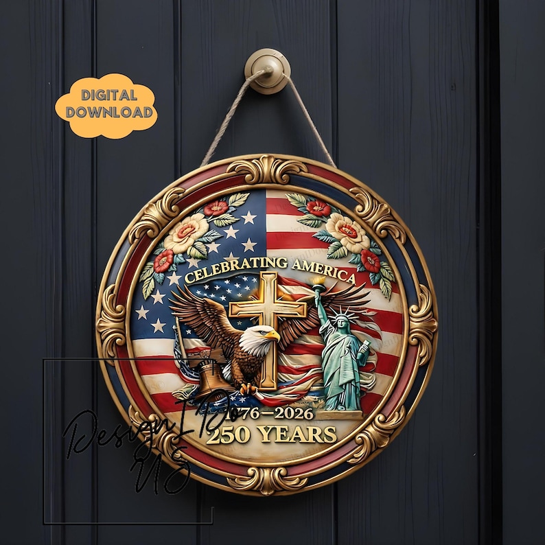 May include: A round wooden sign with a patriotic theme. The sign features the American flag, an eagle, the Statue of Liberty, and a cross. The text "Celebrating America" and "1776-2026 250 Years" are displayed. The sign is framed with a gold-colored border and floral accents.