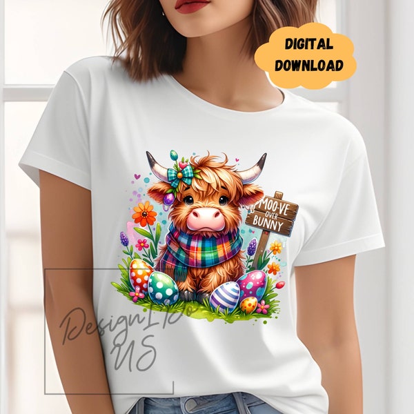 Easter Highland Cow Clipart Shirt Sublimation Design Digital Download PNG, Instant Download, Funny Cow Tshirt PNG, Bunny Glass Cup Jar PNG