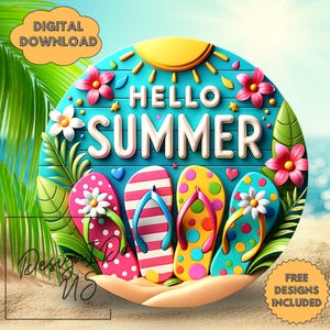 3D Welcome PNG, Hello Summer Sublimation Clipart, Flip Flops Wreath Png, Beach House Door Decor, Round Wind Spinner Sign, Patio Decor Design