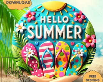 3D Welcome PNG, Hello Summer Sublimation Clipart, Flip Flops Wreath Png, Beach House Door Decor, Round Wind Spinner Sign, Patio Decor Design