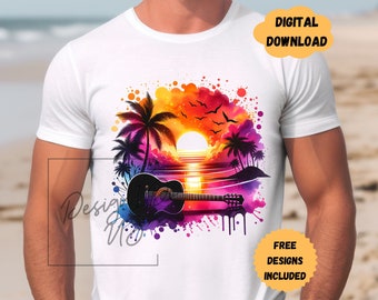 Guitar Clipart Shirt Sublimation Design Digital Download PNG, Music Instrument Instant, Watercolor Tropical Beach Tshirt PNG Glass Cup PNG