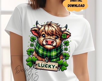 St Patrick's Day Highland Cow Clipart, Lucky Shirt Design (Digital Download)