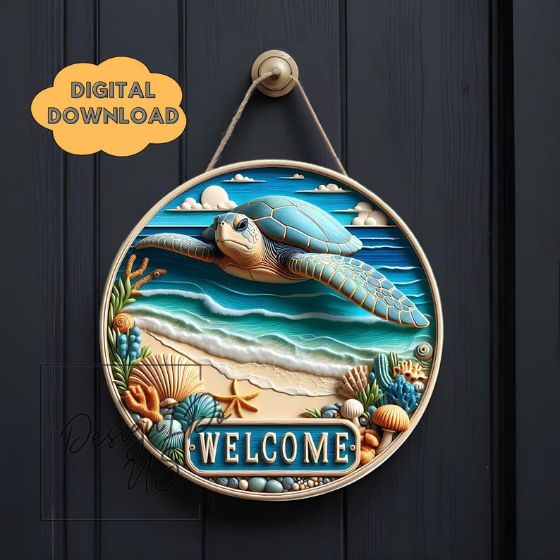 3D Ocean Turtle Welcome Sign Round Sublimation PNG, Instant Digital ...