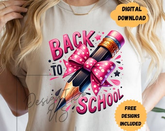 Design PNG para sublimação de professor (DTF/UVDTF), clipart moderno para camiseta com tema de volta às aulas, adesivo de lápis e laço, adesivo de outono para estudantes.