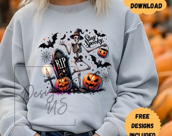 Halloween stay spooky clipart png, skeleton shirt sublimation design, spooky pumpkin sticker decal horror dtf transfer, trick or treat tote