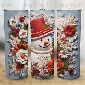 3D Christmas Snowman Flowers 20 oz Tumbler Sublimation Design, Straight & Tapered Tumbler Wrap, Holiday Season Instant Digital Download PNG