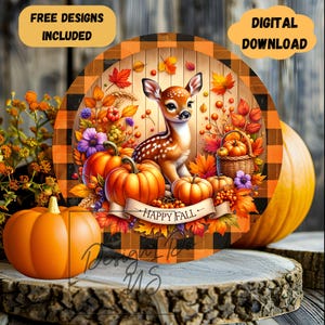 May include: A round, orange and black checkered background with a cute deer fawn surrounded by pumpkins, fall leaves, and a basket of pumpkins. The text "Happy Fall" is written on a banner.
