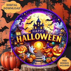 May include: A digital download graphic with a Halloween theme. The design features a circular image with a haunted house, pumpkins, ghosts, and bats. The words "Happy Halloween" are prominently displayed. Additional text includes "Digital Download" and "Free Designs Included."