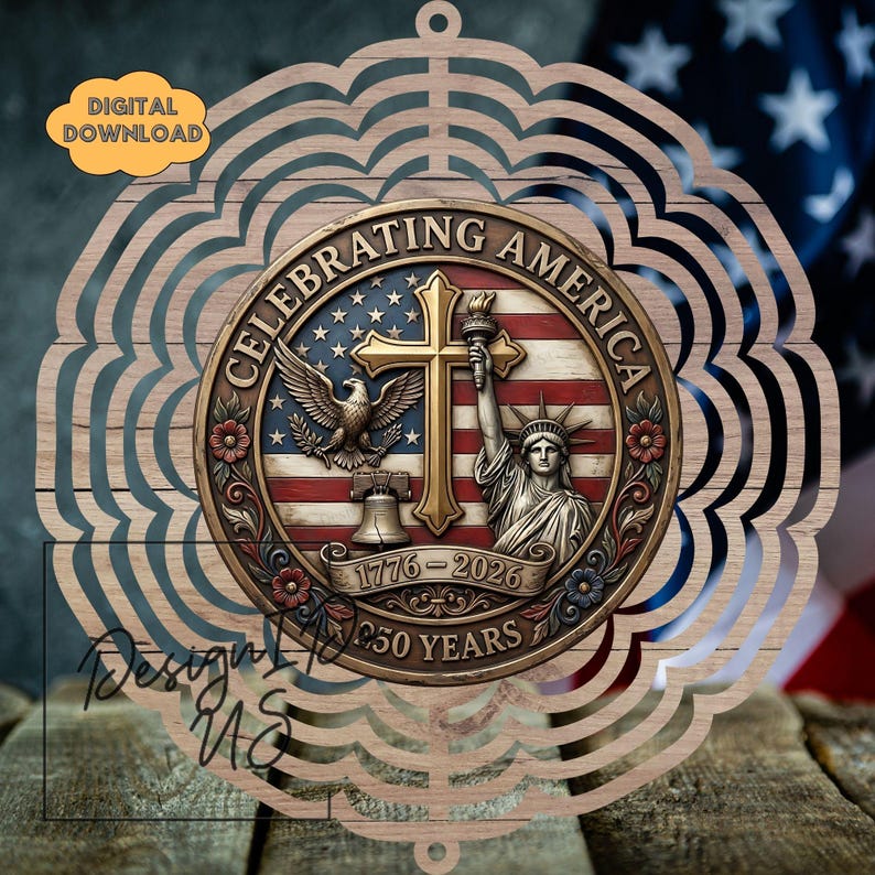 May include: Wooden laser-cut ornament with a patriotic theme. The design features a central medallion with the text "Celebrating America," an American flag, the Statue of Liberty, and an eagle. The ornament is a digital download.