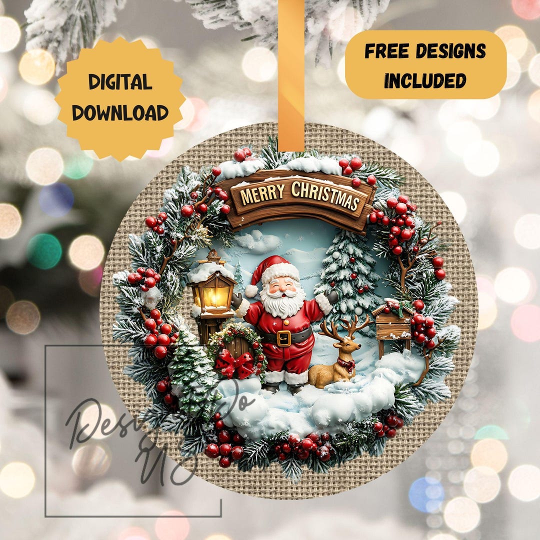 3D Vintage Style Santa Christmas Ornament Sublimation PNG, Instant ...