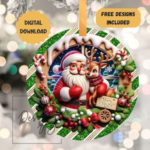 May include: A round Christmas ornament with a green and gold striped background. A window with Santa Claus and a reindeer inside. The window is surrounded by holly and berries. The text "Merry & Bright" is on the ornament.