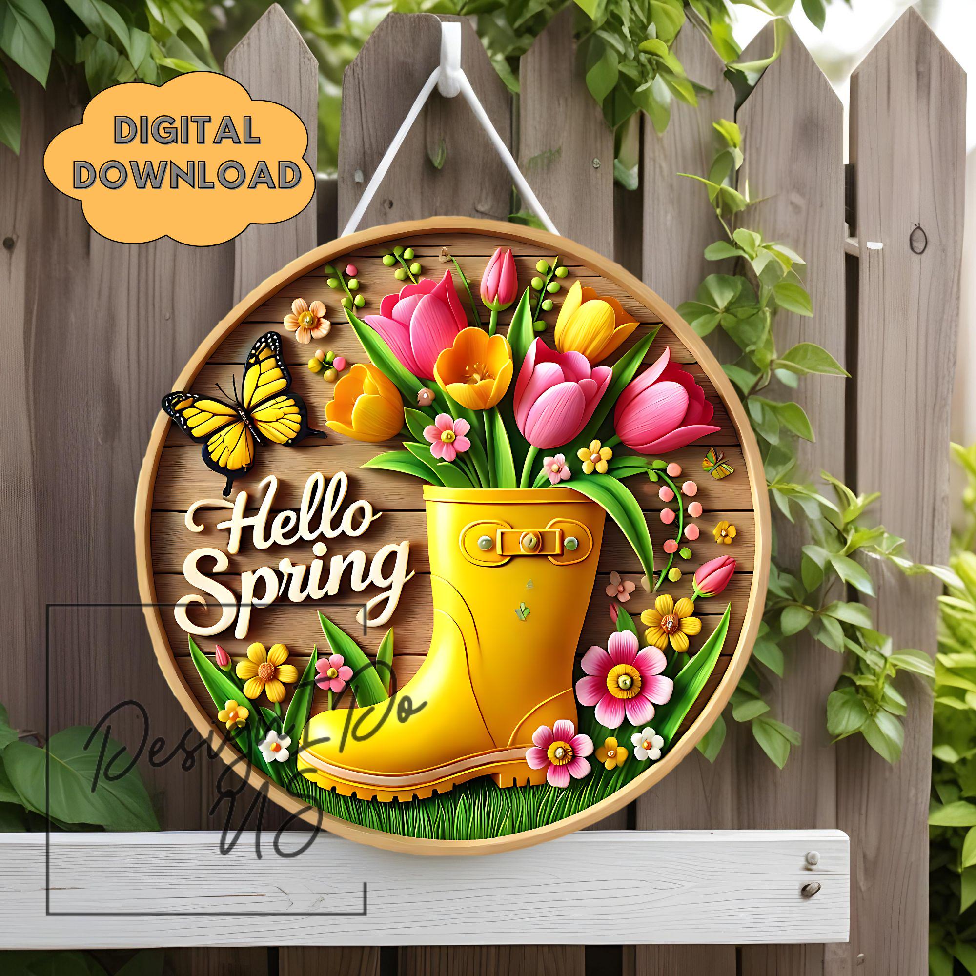 3D Hello Spring Png, Yellow Floral Welcome Sign, Round Sublimation