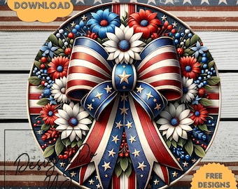 3D Welcome Sign Png, 4th of July Round Sublimation Png, Instant Digital Download, Patriotic Decor, Door Hanger Clipart, Wind Spinner, Wreath