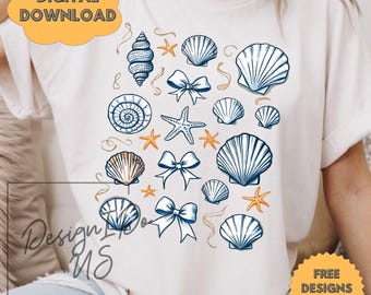 Shells and Bows PNG, Coastal Png, Preppy Coquette Png, Beach Png, Summer Vacation Png, Nautical Sublimation Designs, Girly Aesthetic Png